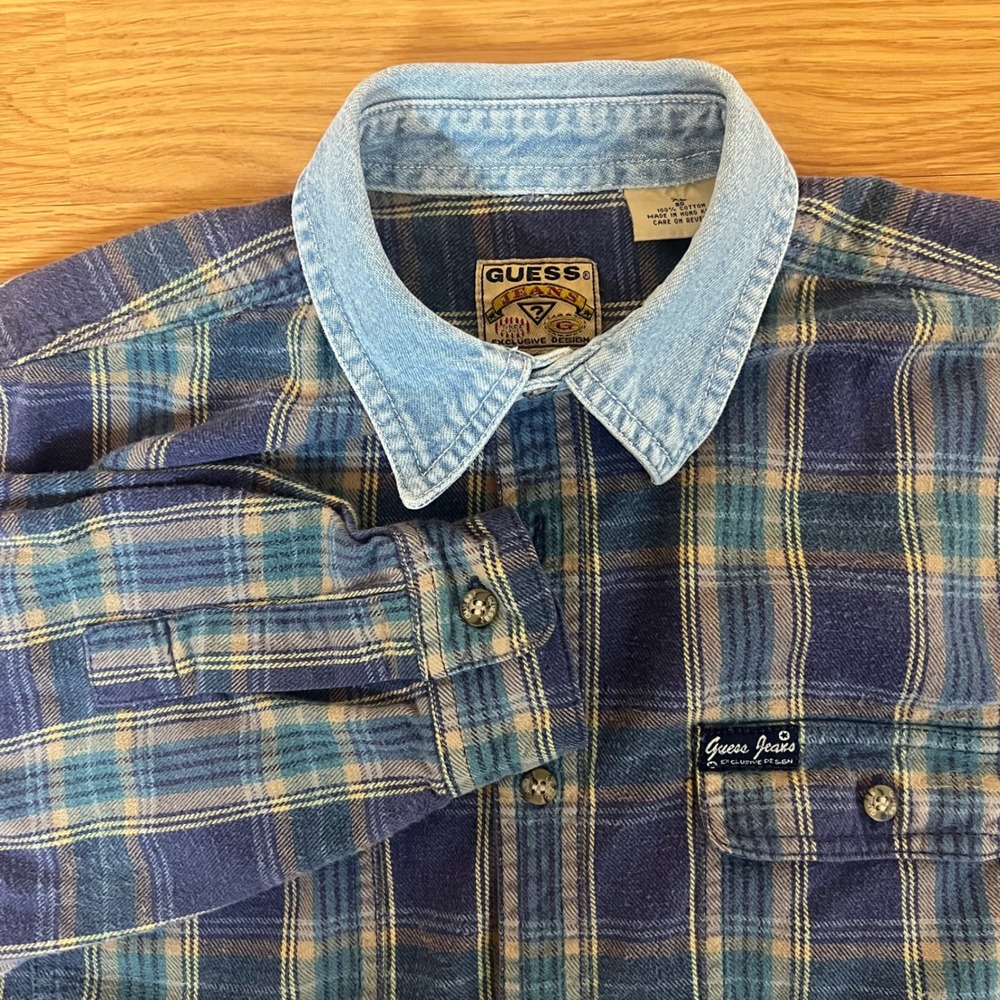 Vintage Guess Jeans Plaid Flannel Shirt XL Blue Green Denim Collar Button Down